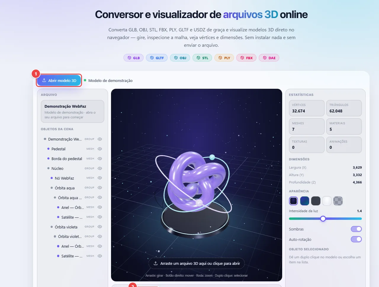 WebFaz 3D com o modelo de demonstração na área central, a árvore de objetos da cena à esquerda, as estatísticas do modelo à direita, os modos de exibição Sólido, Wireframe e Argila e os botões de vistas e conversão.