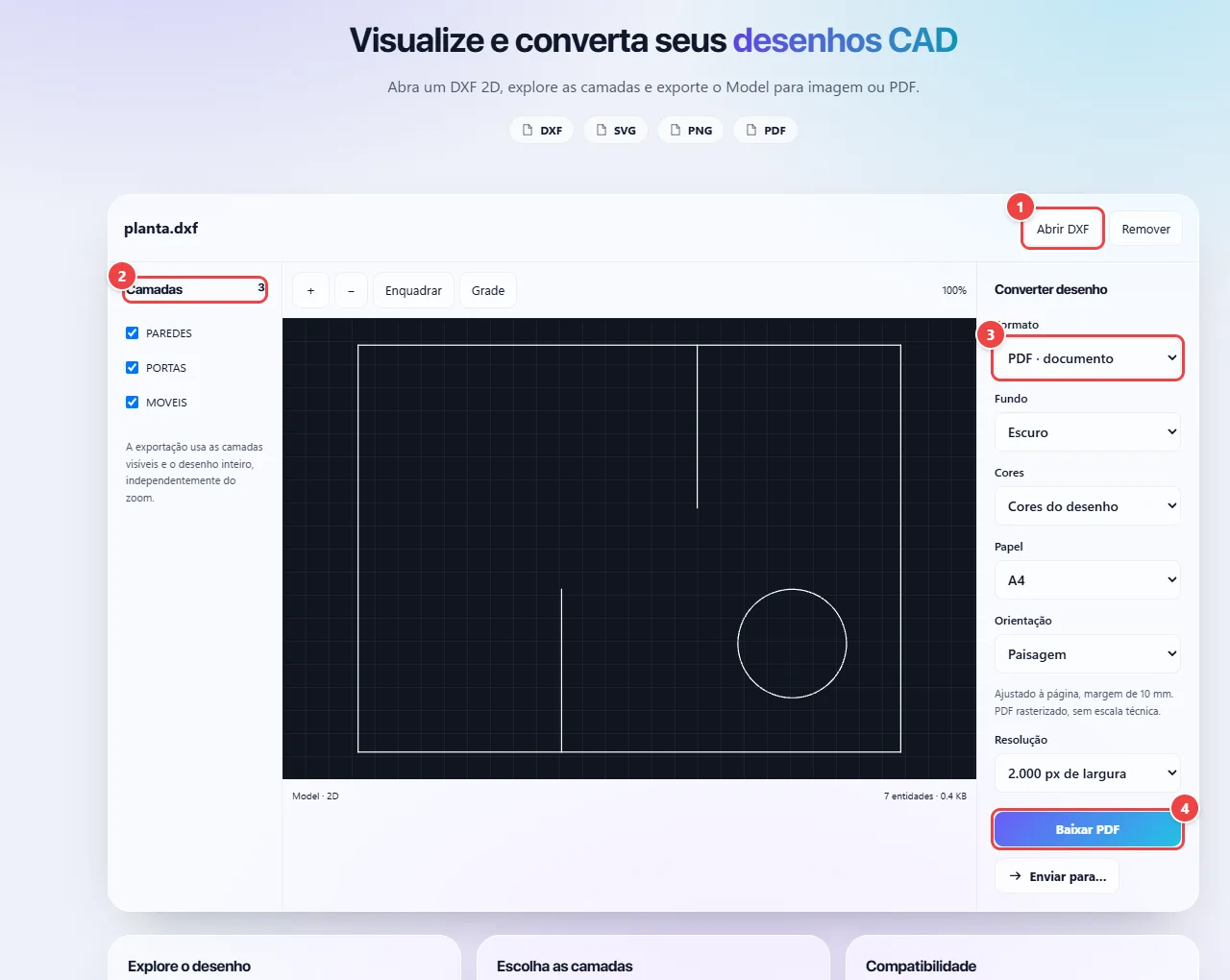 CAD do WebFaz com um desenho DXF aberto: a lista de camadas à esquerda, o desenho no centro com zoom e grade, e à direita as opções de exportação (formato, fundo, cores, papel, orientação).