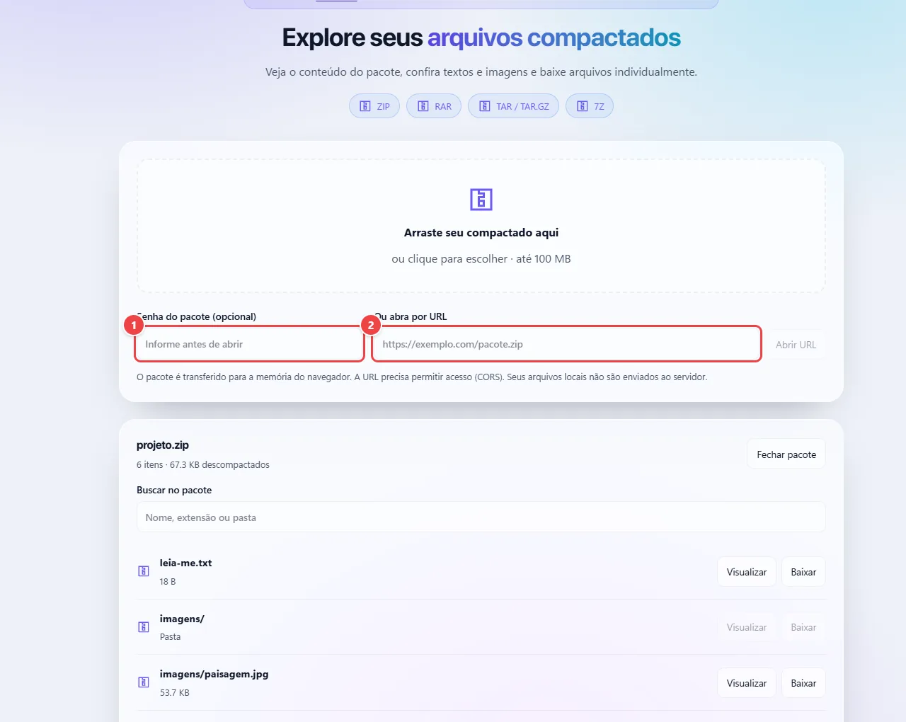 Compactados do WebFaz com um arquivo ZIP aberto, a lista de arquivos e pastas do pacote e as opções de visualizar e baixar, além do campo de senha e da abertura por URL.