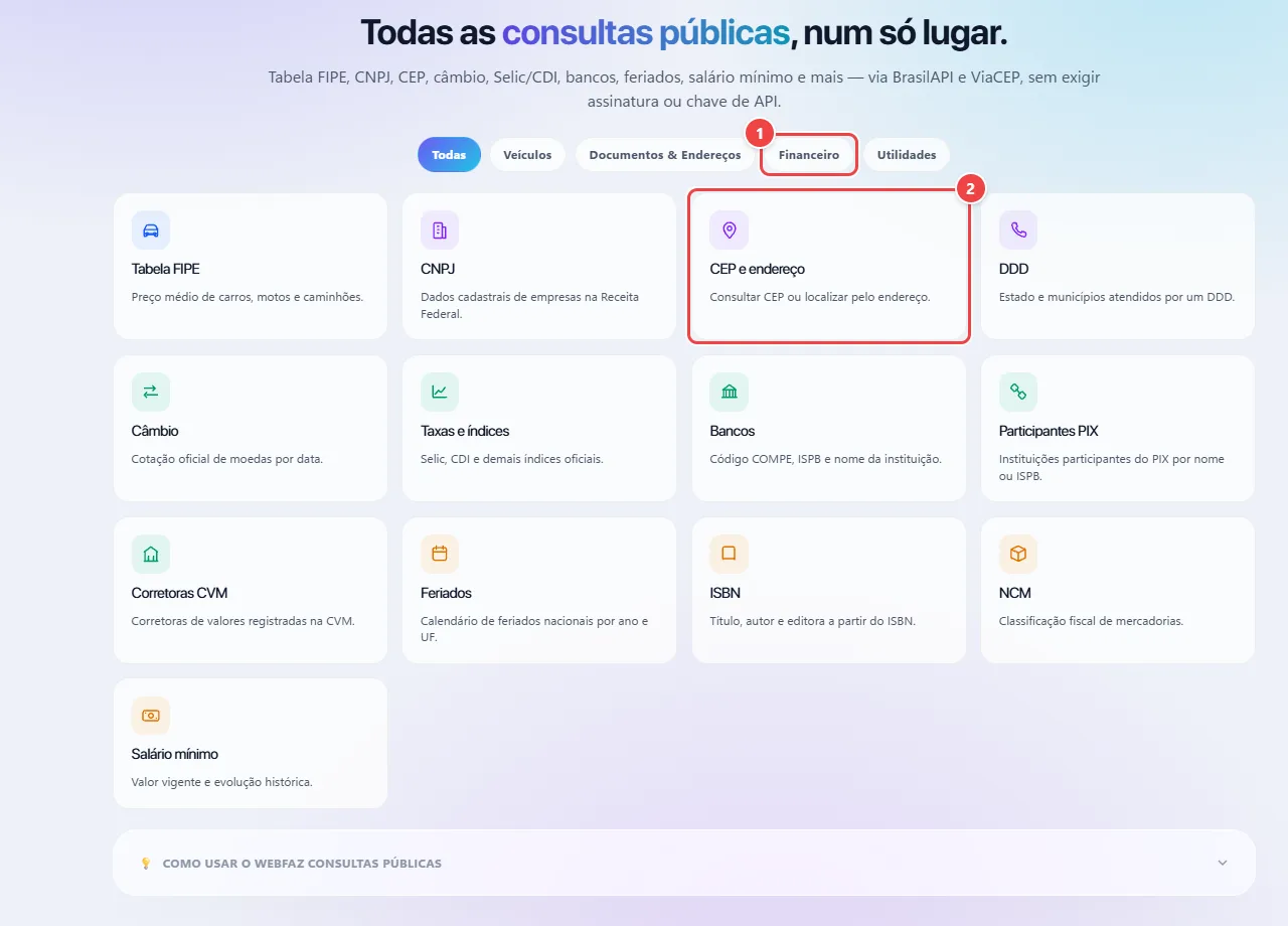 Consultas Públicas do WebFaz com as abas Todas, Veículos, Documentos e Endereços, Financeiro e Utilidades, e os cartões de consultas como Tabela FIPE, CNPJ, CEP e endereço, DDD, Câmbio e Feriados.