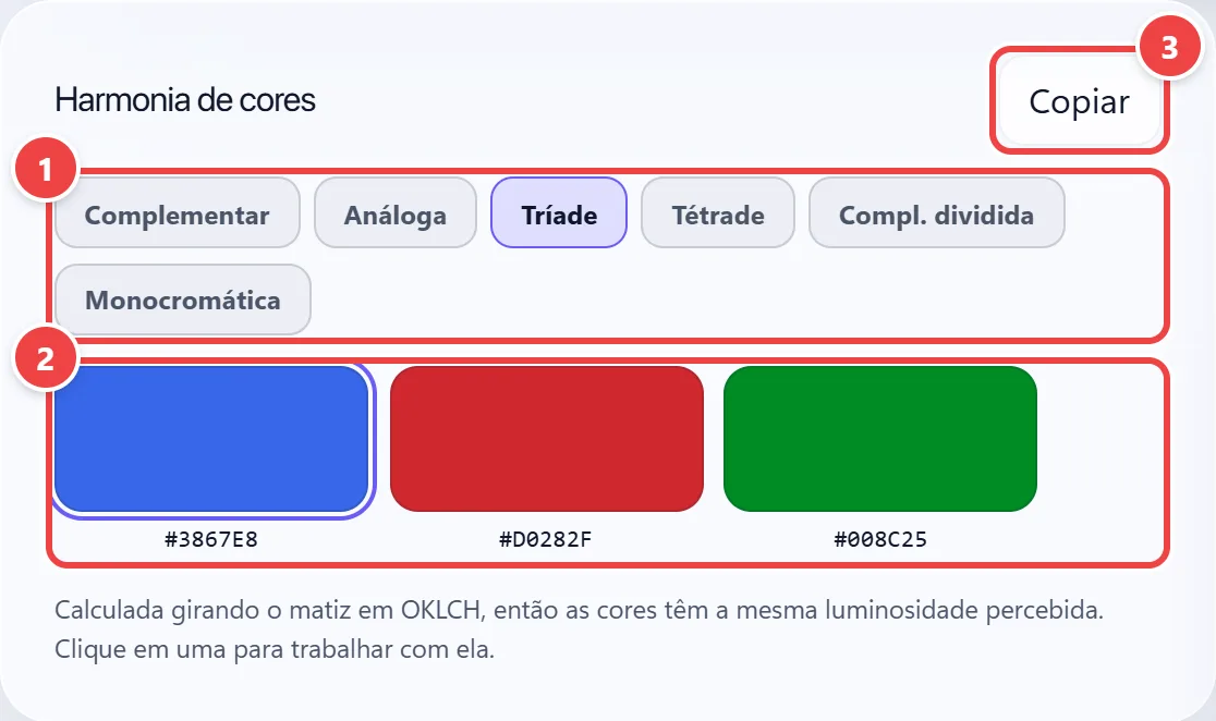 Cartão Harmonia de cores do WebFaz Cores com as abas Complementar, Análoga, Tríade, Tétrade, Complementar dividida e Monocromática, a tríade selecionada com três cores e seus códigos HEX.