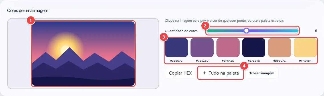 Seção Cores de uma imagem do WebFaz Cores com uma paisagem de pôr do sol carregada, o controle da quantidade de cores, as seis cores dominantes extraídas com seus códigos HEX e os botões Copiar HEX, Tudo na paleta e Trocar imagem.