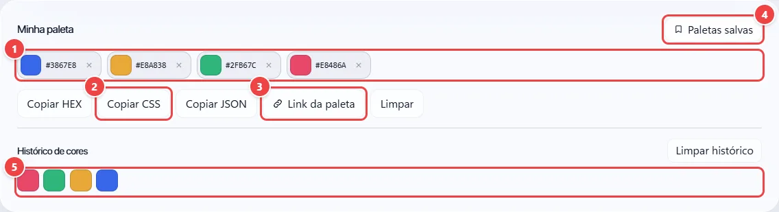 Seção Minha paleta do WebFaz Cores com quatro cores reunidas, os botões Copiar HEX, Copiar CSS, Copiar JSON, Link da paleta e Limpar, o botão Paletas salvas e o histórico de cores copiadas.