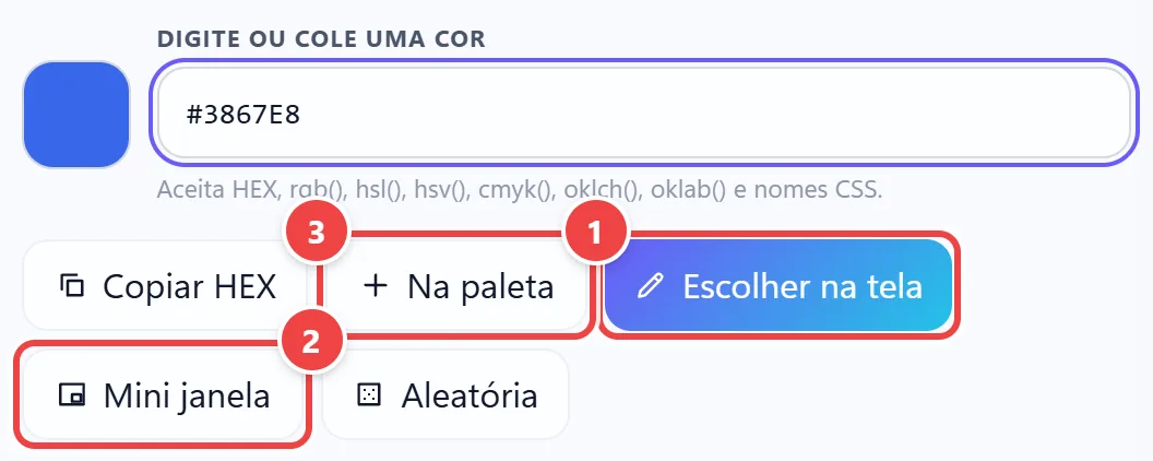 Cartão Cor selecionada do WebFaz Cores com os botões Copiar HEX, Na paleta, Escolher na tela, Mini janela e Aleatória abaixo do campo de cor.