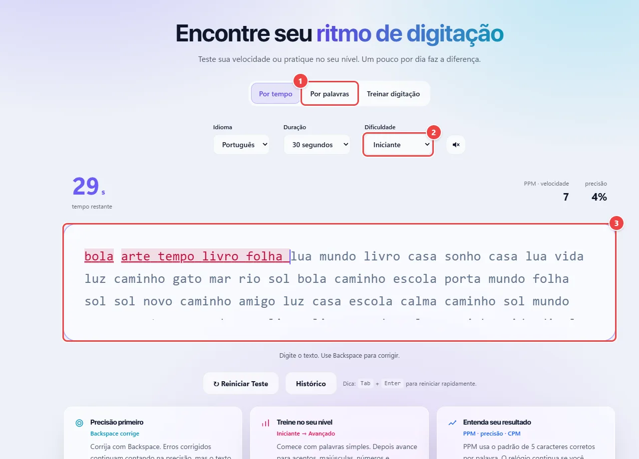 Teste de digitação do WebFaz com as abas Por tempo, Por palavras e Treinar digitação, as opções de idioma, duração e dificuldade, o contador de palavras por minuto e o texto a digitar.