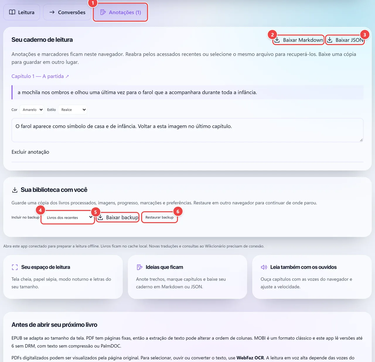Aba Anotações do leitor com o caderno de leitura: a nota salva com o trecho do livro, os botões Baixar Markdown e Baixar JSON e a área Sua biblioteca com você, com o seletor de conteúdo, Baixar backup e Restaurar backup.