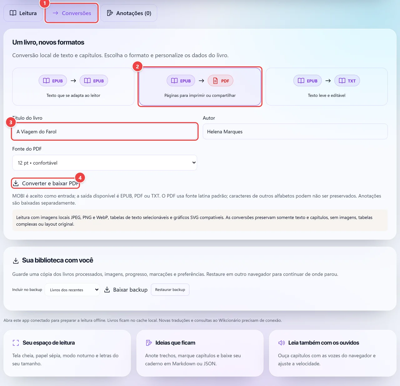 Aba Conversões do leitor com os formatos de saída EPUB, PDF e TXT, os campos de título e autor, a escolha da fonte do PDF e o botão Converter e baixar PDF.