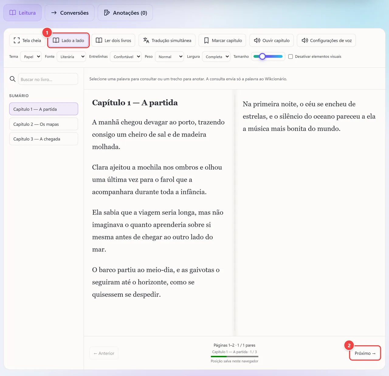 Leitor no modo Lado a lado: o capítulo paginado em duas colunas, como as páginas de um livro aberto, com a navegação por pares de páginas.