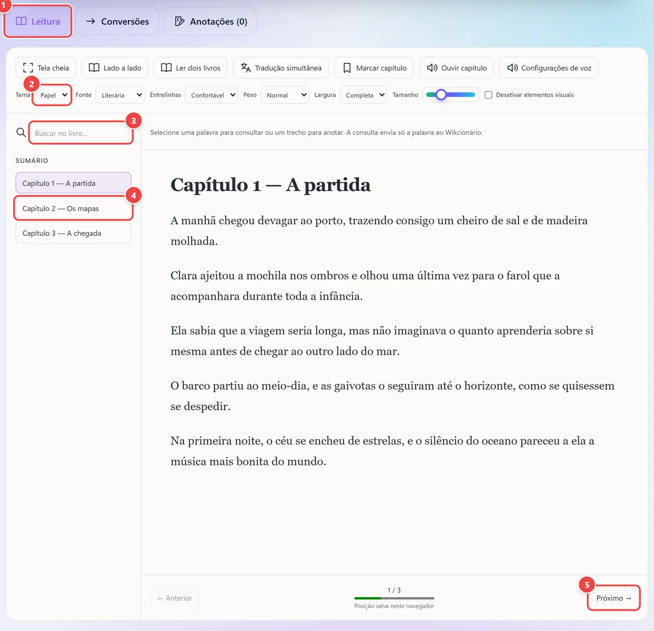Leitor do WebFaz E-books com o livro A Viagem do Farol aberto: as abas Leitura, Conversões e Anotações, o sumário de capítulos à esquerda, a busca, os controles de tema, fonte, entrelinhas, peso, largura e tamanho, e o texto do capítulo no centro.