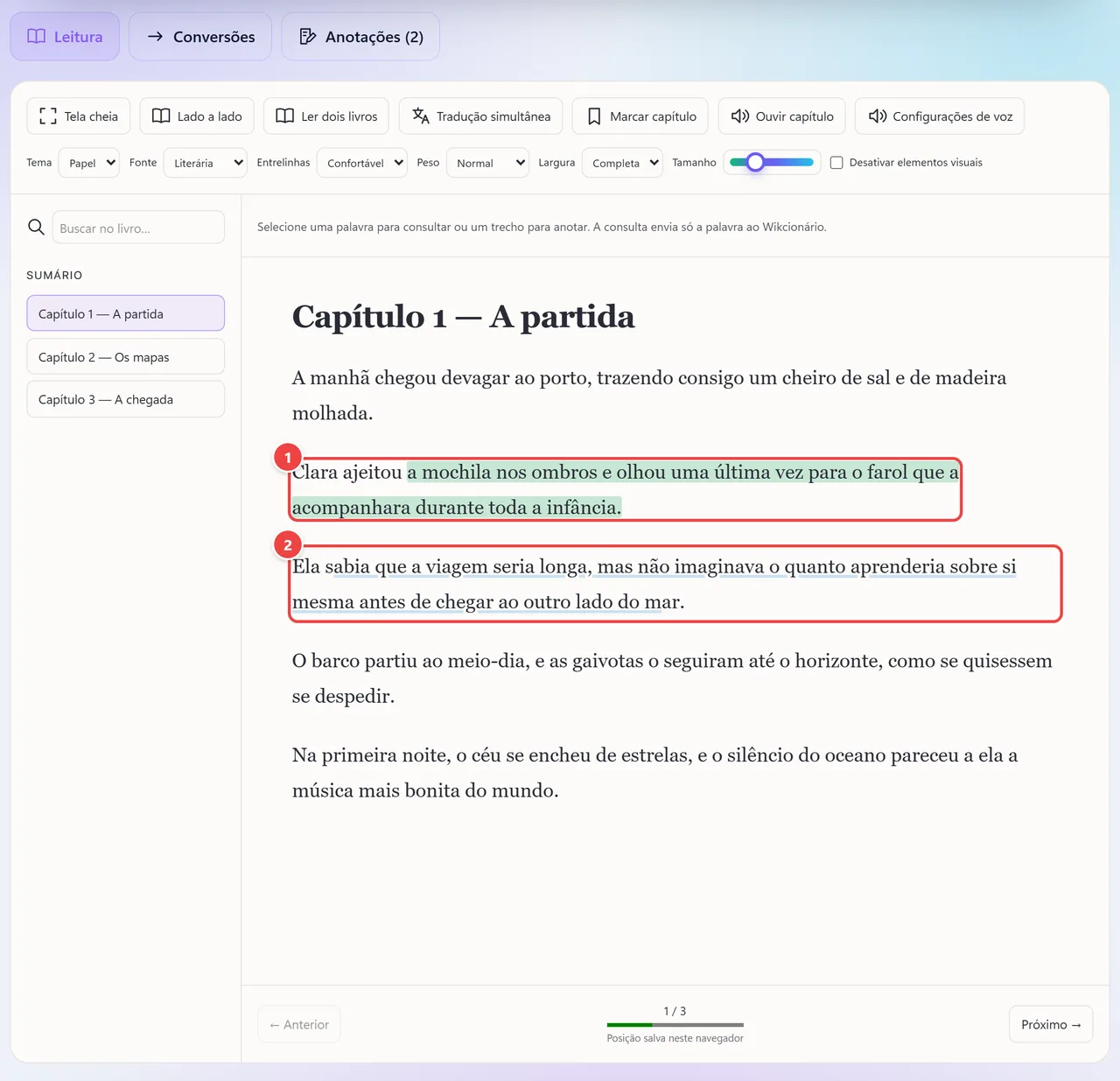 Capítulo do livro com dois trechos marcados: um em realce verde e outro com sublinhado azul.