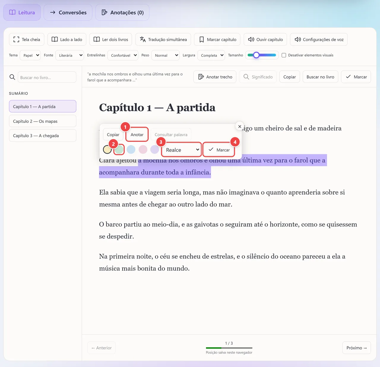 Trecho selecionado no leitor com o menu de ações aberto: Copiar, Anotar e Consultar palavra, cinco cores de marcação, a escolha entre Realce e Sublinhado e o botão Marcar.