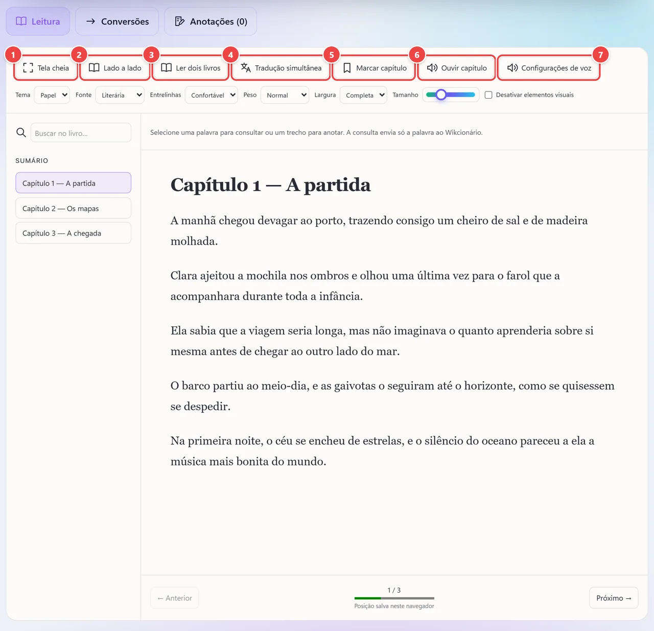 Barra de recursos do leitor de e-books do WebFaz com os botões Tela cheia, Lado a lado, Ler dois livros, Tradução simultânea, Marcar capítulo, Ouvir capítulo e Configurações de voz.