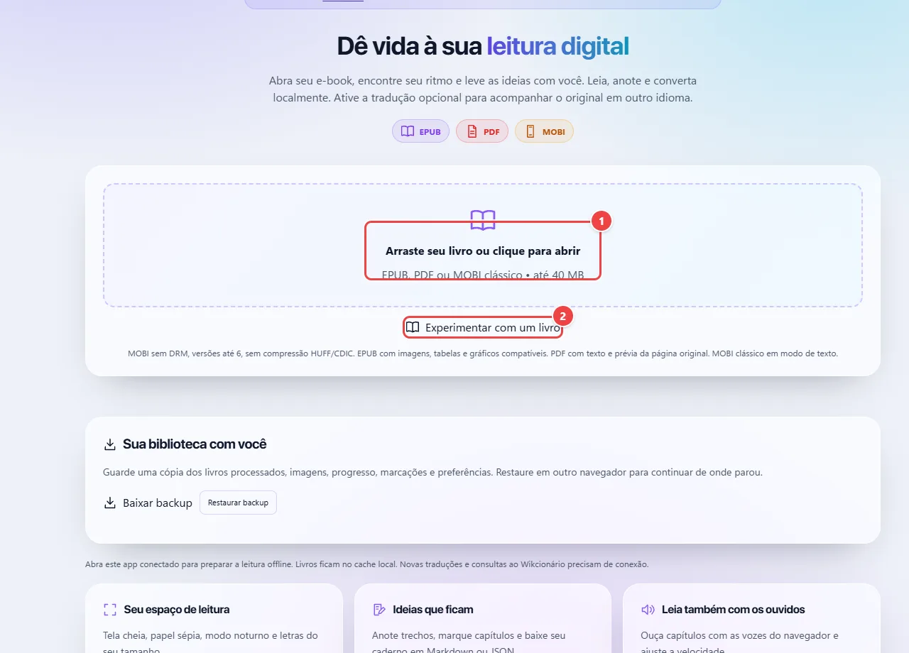 E-books do WebFaz com a área para abrir um livro EPUB, PDF ou MOBI e o botão Experimentar com um livro.