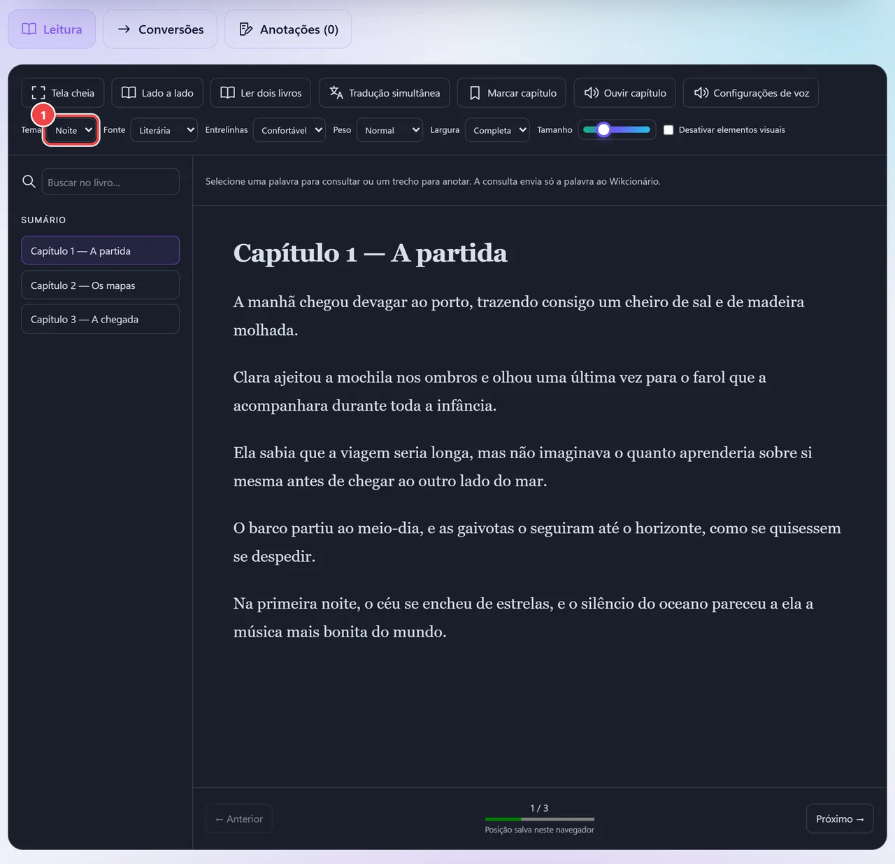 Leitor em tema noite, com fundo escuro e letras claras, mostrando o capítulo do livro e os controles de aparência.