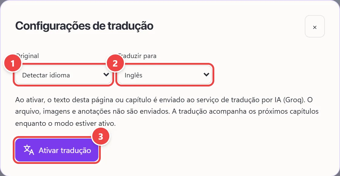 Janela Configurações de tradução com a escolha do idioma original (detectar idioma), do idioma da tradução (inglês), o aviso de que o texto da página é enviado ao serviço de tradução e o botão Ativar tradução.