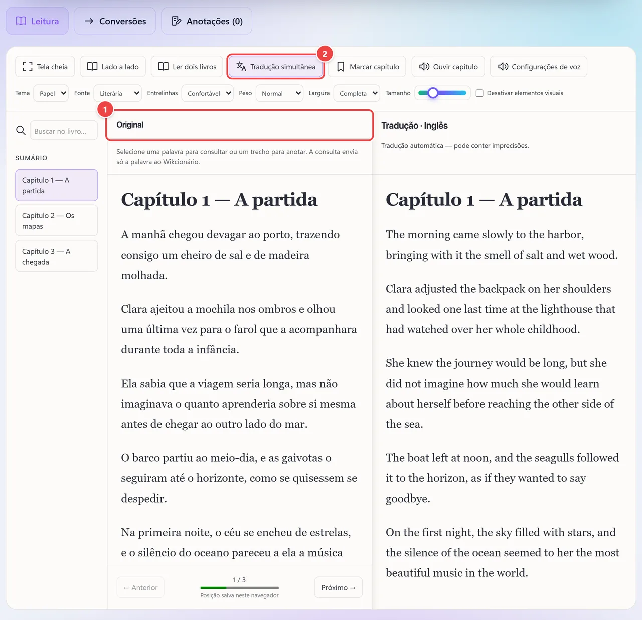 Leitor com tradução simultânea ativa: o texto original em português à esquerda e a tradução para o inglês à direita, parágrafo por parágrafo.