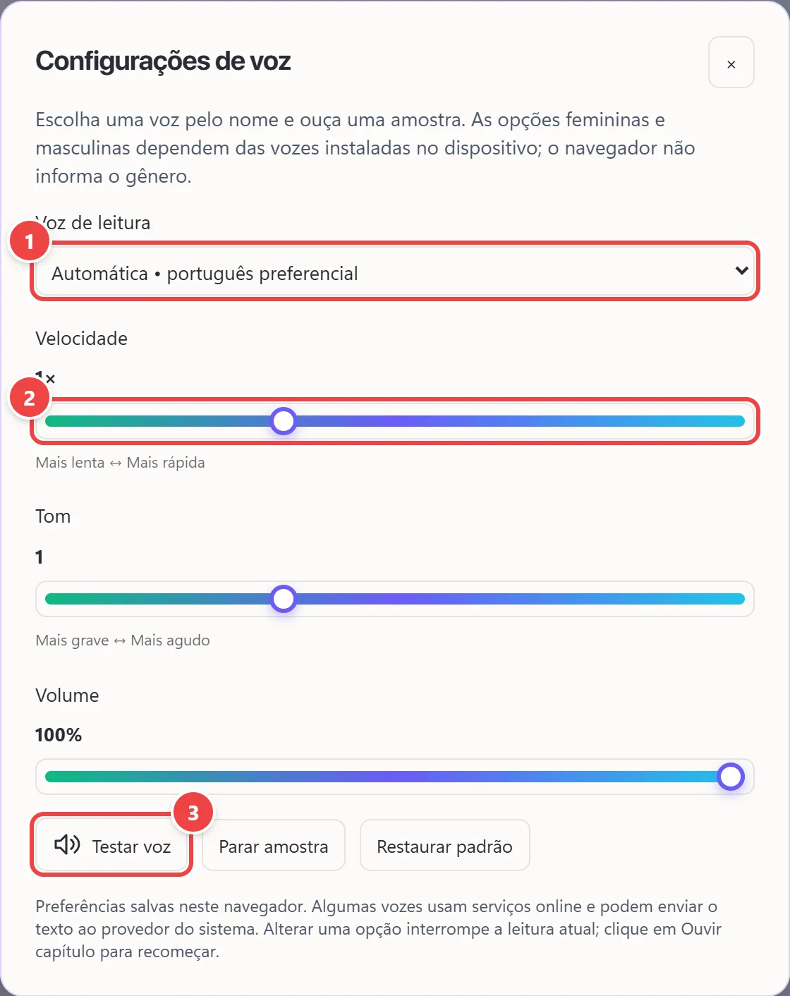 Janela Configurações de voz com a escolha da voz de leitura, os controles de velocidade, tom e volume e os botões Testar voz, Parar amostra e Restaurar padrão.