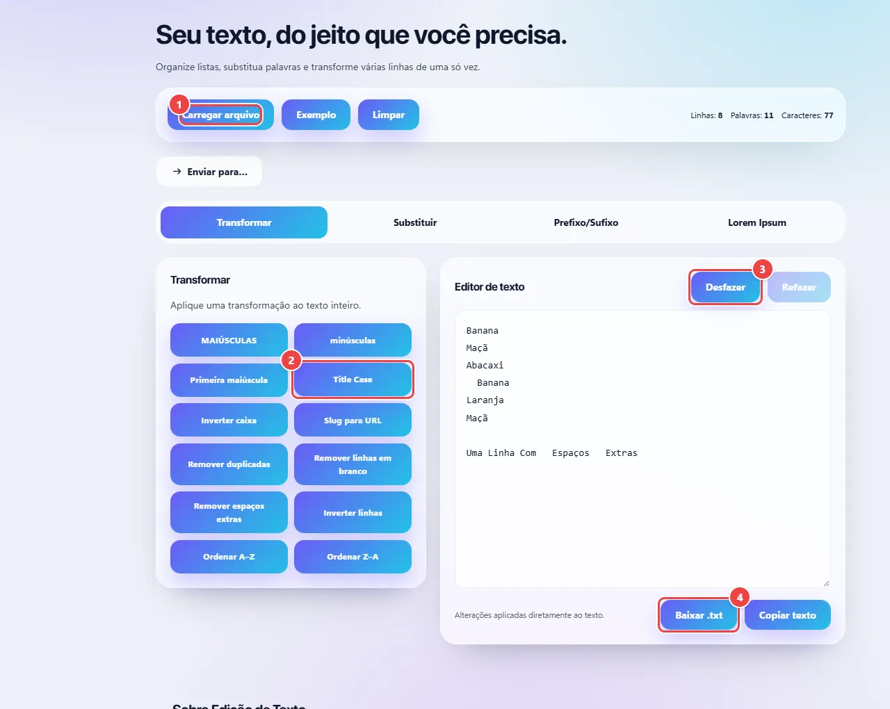 Edição de Texto do WebFaz com as abas Transformar, Substituir, Prefixo/Sufixo e Lorem Ipsum, os botões de transformação (maiúsculas, minúsculas, Title Case, remover duplicadas, ordenar) e o editor com o texto de exemplo.