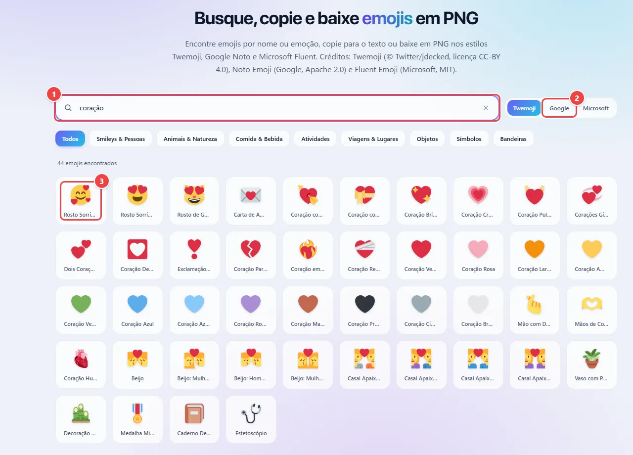 Emoji do WebFaz com a busca preenchida com coração, as abas de estilo Twemoji, Google e Microsoft, as categorias e a grade de emojis encontrados.