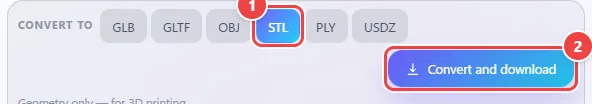 WebFaz 3D Convert to strip with the GLB, GLTF, OBJ, STL, PLY and USDZ output formats, the STL format selected and the Convert and download button.