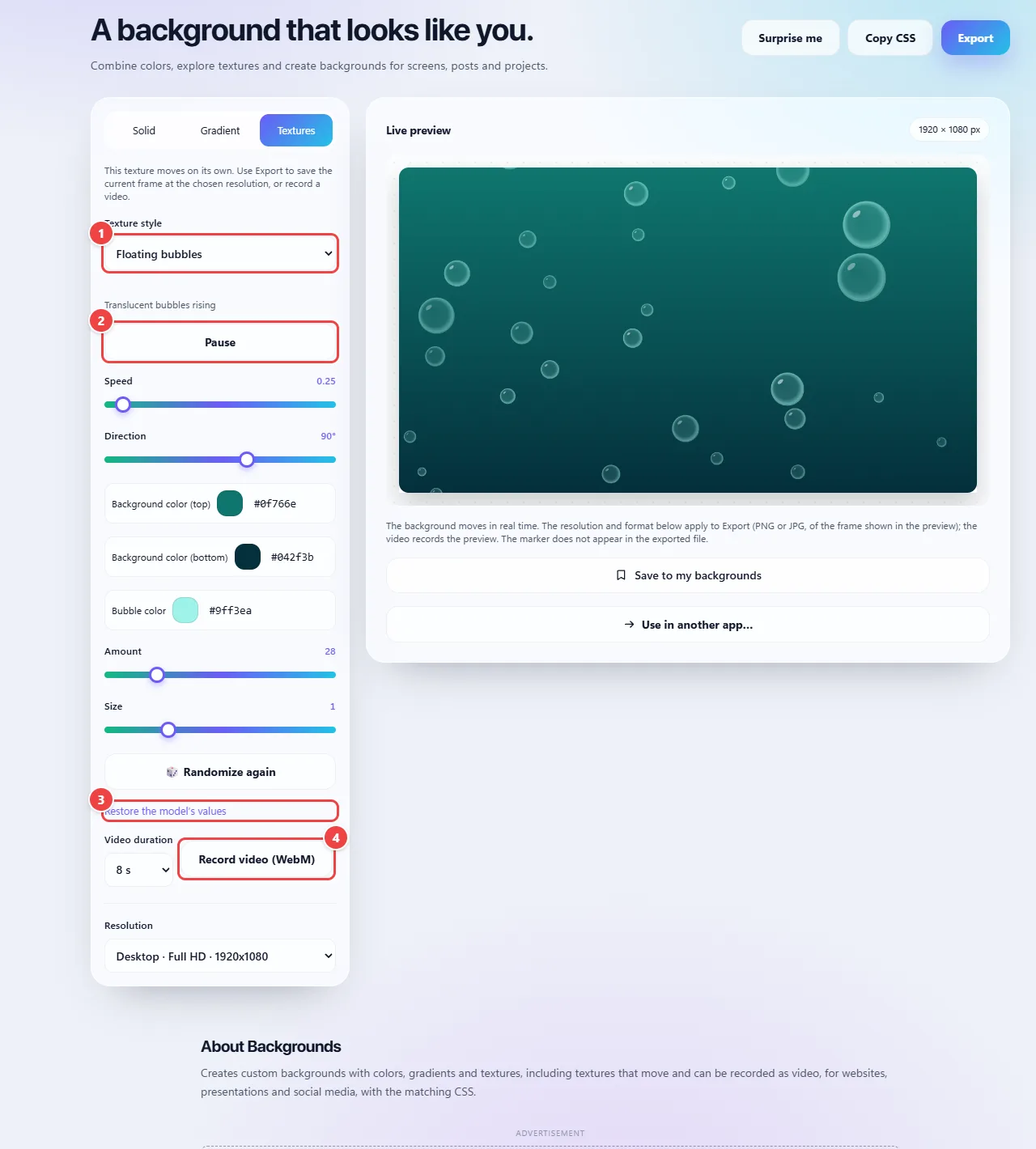 Backgrounds on the Textures tab with the animated style Floating bubbles chosen: the notice that the texture moves on its own, the Pause button, the model’s color and parameter settings, the video duration and the Record video (WebM) button, with the live preview in motion.