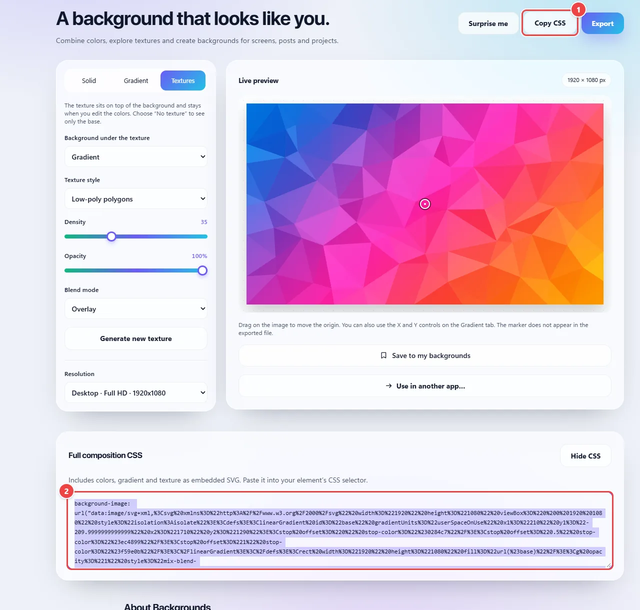 Backgrounds with the CSS area of the full composition open, showing the background-image code ready to paste, and the Hide CSS button.