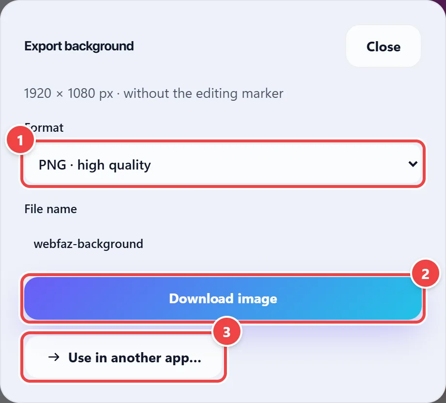 Export background window with the size in pixels, the format choice (high-quality PNG), the file name and the Download image button.