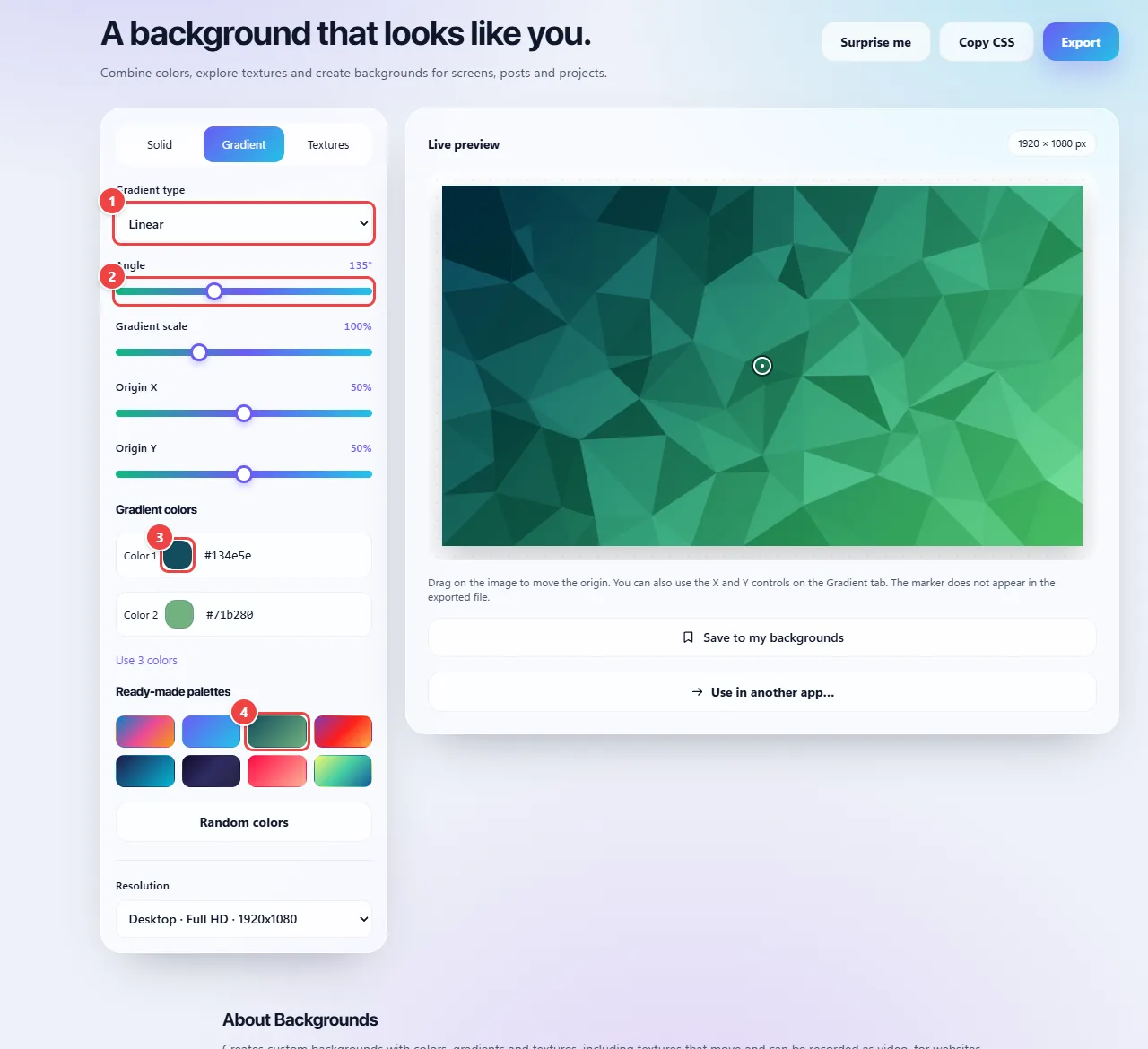 Backgrounds on the Gradient tab: gradient type, angle, scale, origin, the gradient colors, the ready-made palettes and the live preview.