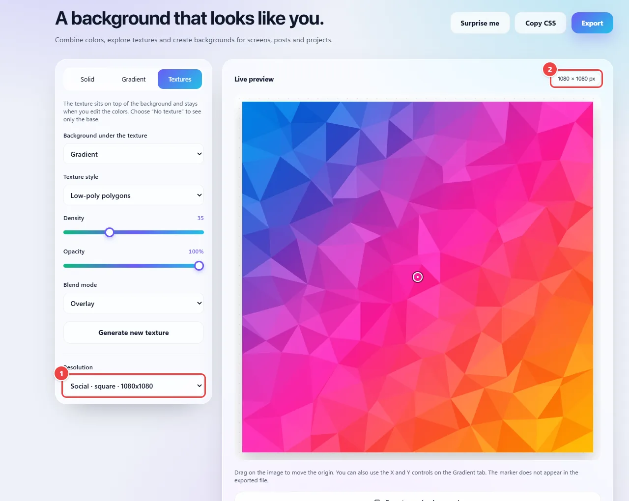 Backgrounds with a vertical resolution chosen in the list, and the live preview in the matching format, with the size in pixels shown.