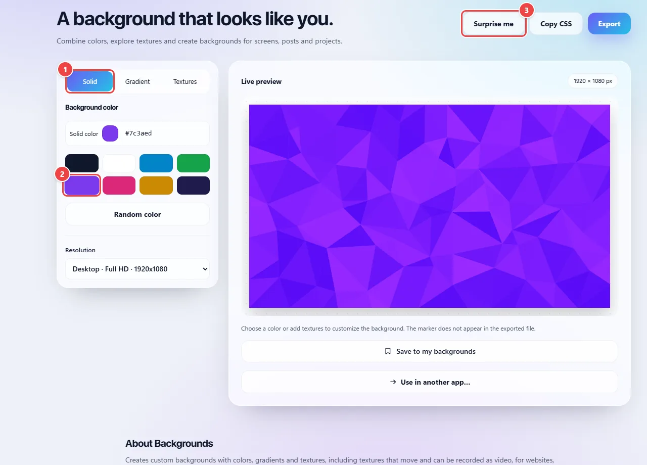 WebFaz Backgrounds on the Solid tab: the solid color field, the ready-made colors to choose, the random color and the live preview of the purple background.