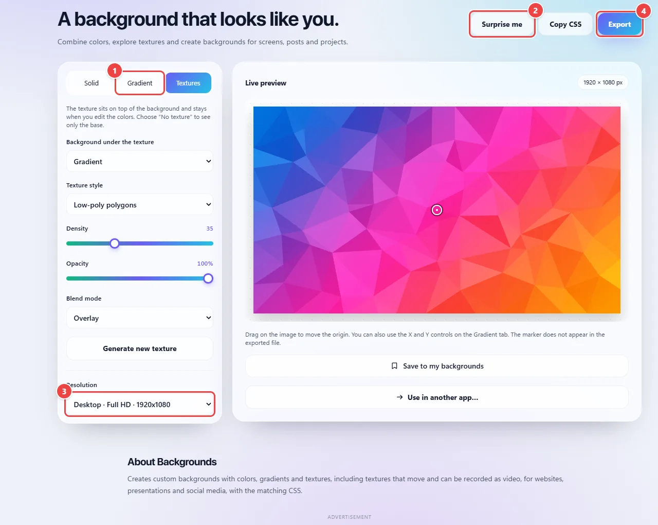 WebFaz Backgrounds with the Solid, Gradient and Textures tabs, the texture, density, opacity and blend mode controls, the live preview of the background and the Surprise me, Copy CSS and Export buttons.