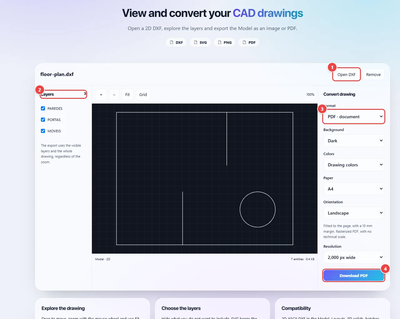 WebFaz CAD with a DXF drawing open: the layer list on the left, the drawing in the center with zoom and grid, and on the right the export options (format, background, colors, paper, orientation).
