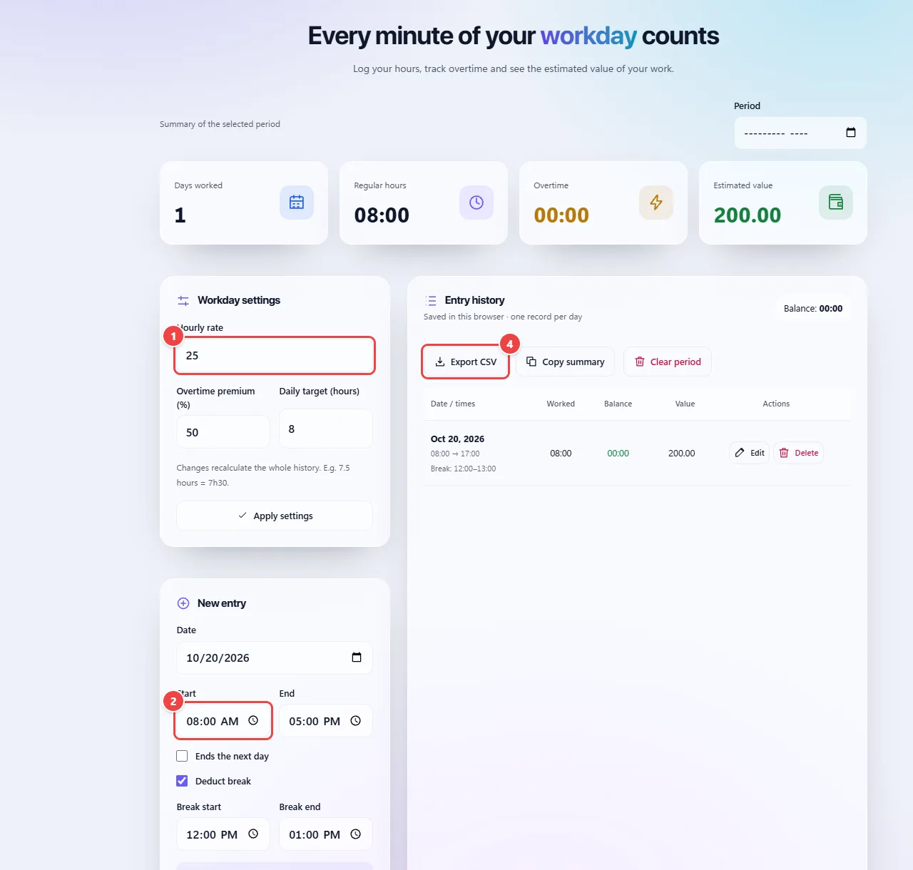 WebFaz Hours Calculator with the period summary, the workday settings, the entry form with date, start, end and break, and the history with the saved day.