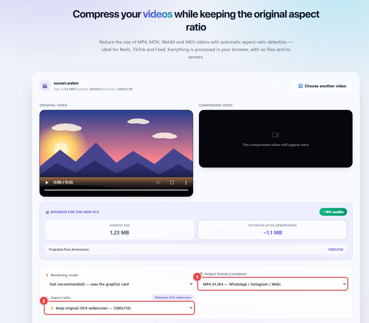 Video Compression with the output format (container) selector MP4, the aspect ratio and the rendering mode.