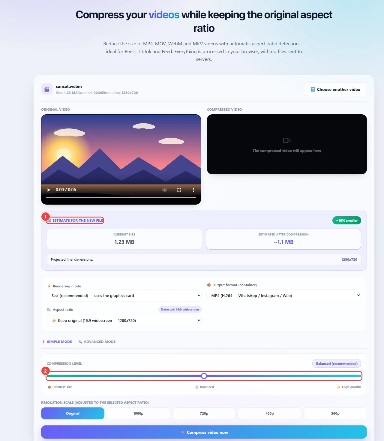 Video Compression with the compression level set on the slider and the estimate of the new file size.