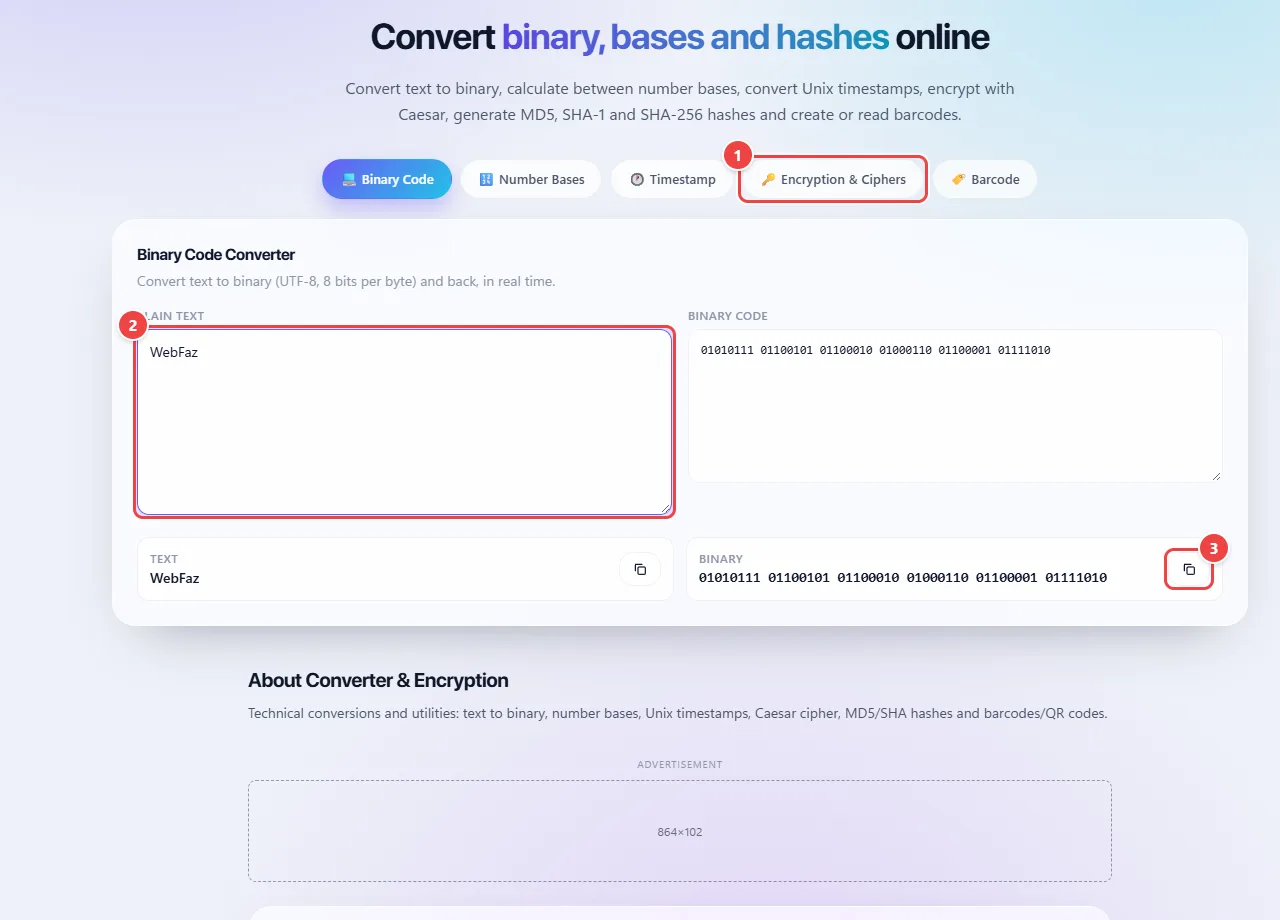 WebFaz Conversion and Encryption with the Binary Code, Number Bases, Timestamp, Encryption and Ciphers and Barcode tabs, the text WebFaz typed and the matching binary code beside it.