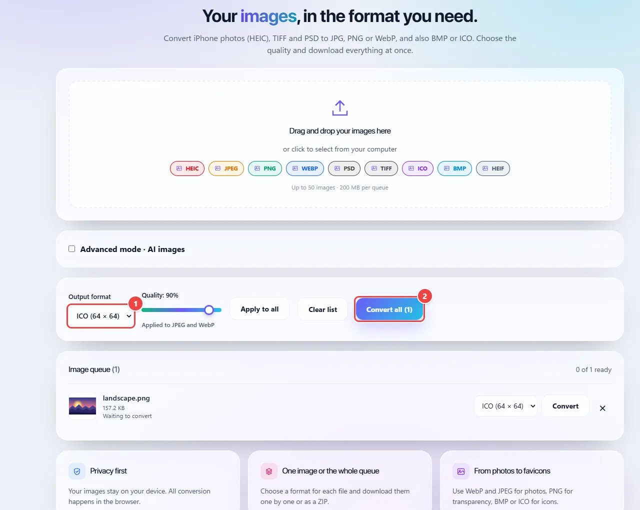 WebFaz Image Converter with an image in the queue and the ICO output format chosen, next to the Convert all button.