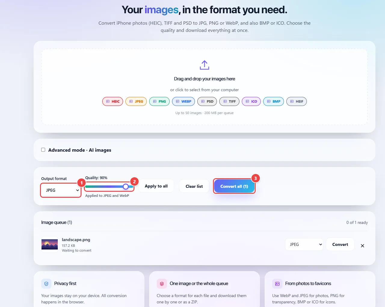 WebFaz Image Converter with a PNG image in the queue, the JPEG output format chosen, the quality control and the Convert all button.