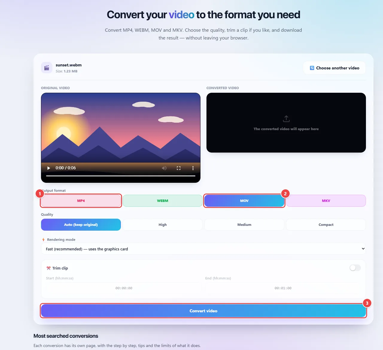 Video Converter with a video loaded and the MP4, WEBM, MOV and MKV output formats, with MOV selected, and the Convert video button.
