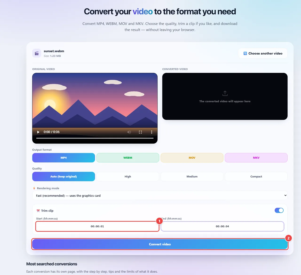 Video Converter with the Trim option turned on, the start at 00:00:01 and the end at 00:00:04, the chosen output format and the Convert video button.