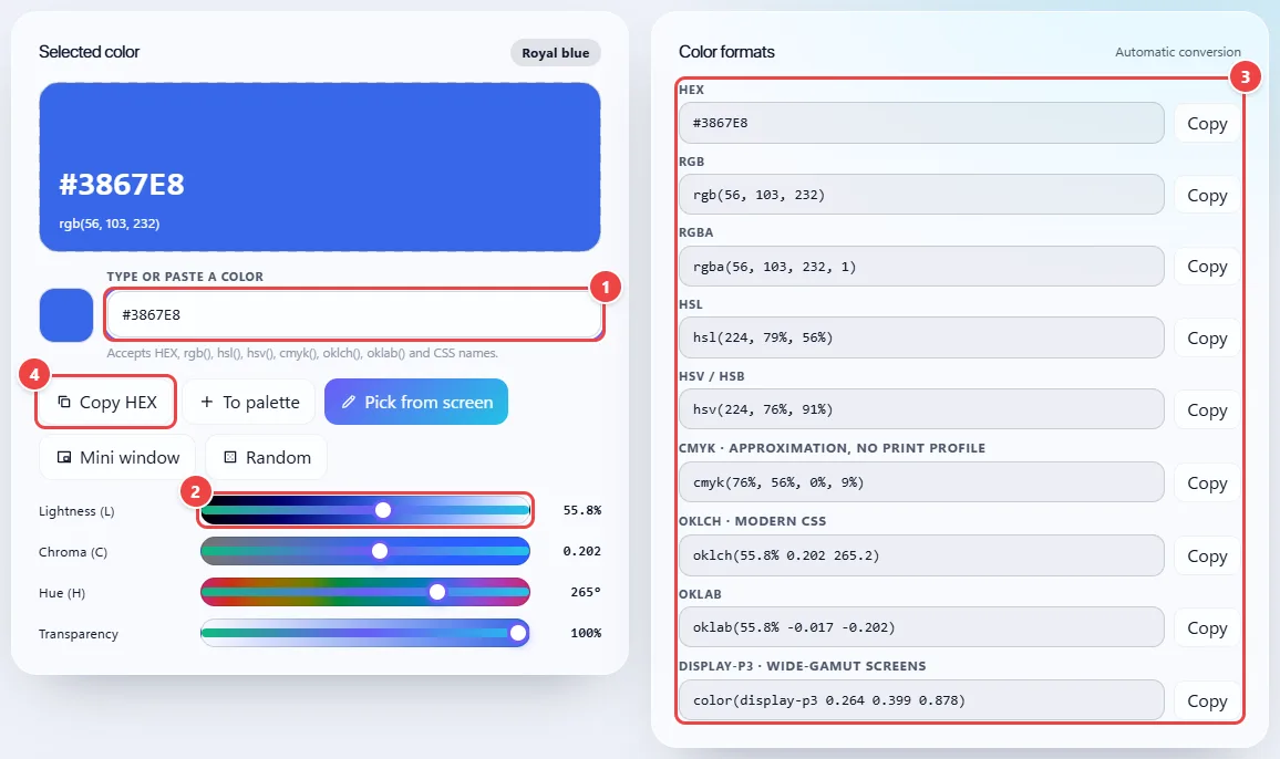 WebFaz Colors with the color #3867E8 selected: the preview card, the field to type or paste a color, the lightness, chroma, hue and transparency controls and, beside them, all the formats (HEX, RGB, RGBA, HSL, HSV, CMYK, OKLCH, OKLab and Display-P3) with a copy button.