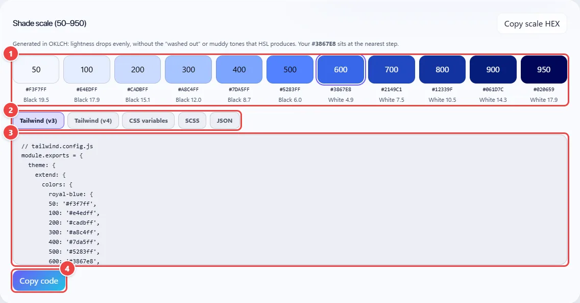 Tone scale section of WebFaz Colors with eleven shades of blue from 50 to 950, each with the HEX code and the contrast of the best text, the export tabs (Tailwind v3 and v4, CSS variables, SCSS and JSON) and the generated code.