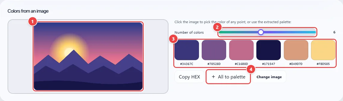 Colors from an image section of WebFaz Colors with a sunset landscape loaded, the control for the number of colors, the six dominant colors extracted with their HEX codes and the Copy HEX, All to palette and Change image buttons.