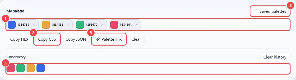 My palette section of WebFaz Colors with four colors gathered, the Copy HEX, Copy CSS, Copy JSON, Palette link and Clear buttons, the Saved palettes button and the history of copied colors.