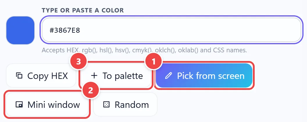 Selected color card of WebFaz Colors with the Copy HEX, To palette, Pick from screen, Mini window and Random buttons below the color field.