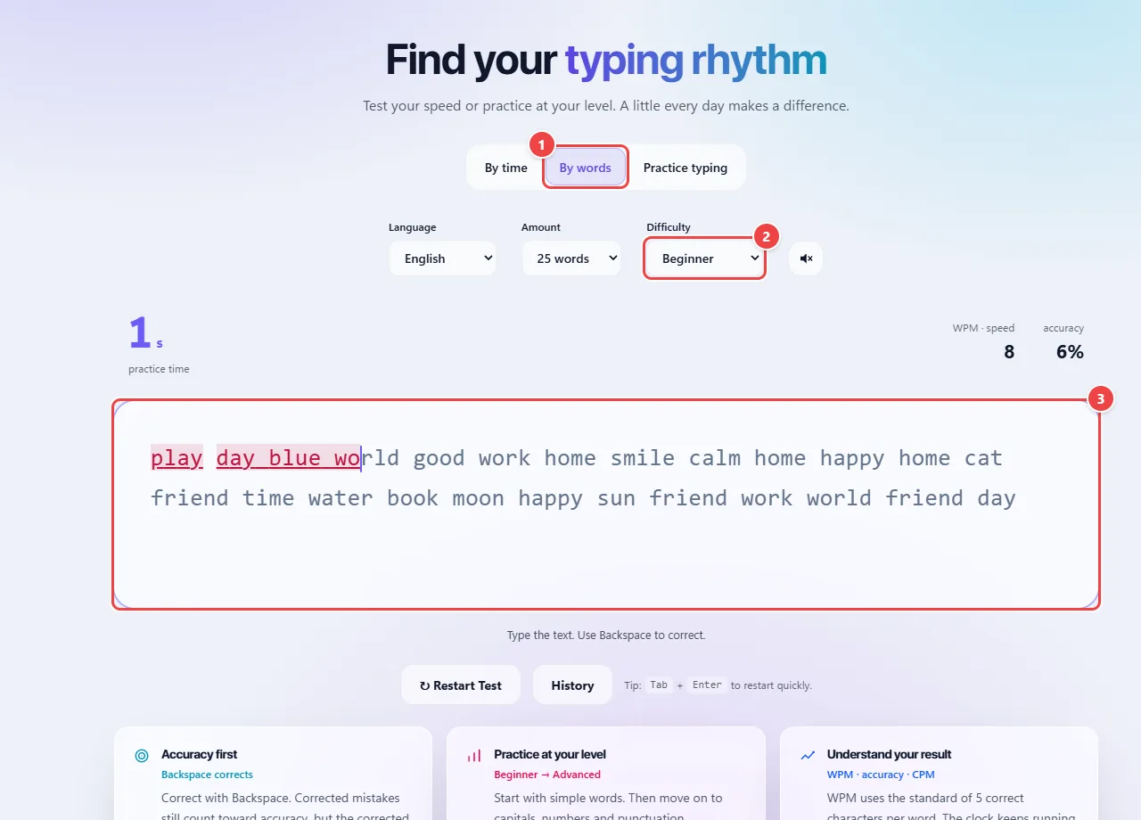 Typing test by number of words: the By words tab selected, the language and difficulty options, the text to type and the box where the user has already typed the first words.