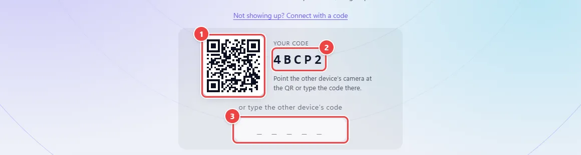 WebFaz Drop with the Connect by code panel open: a QR code on the left, the text Your code with the five-character code beside it and, below, the field to type the other device’s code.