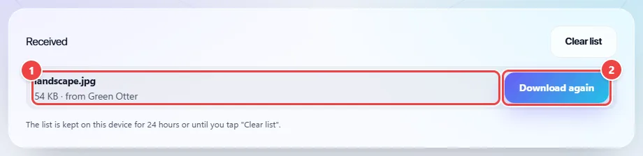Received list of WebFaz Drop with the file landscape.jpg, the size, the name of who sent it and the Download again button.