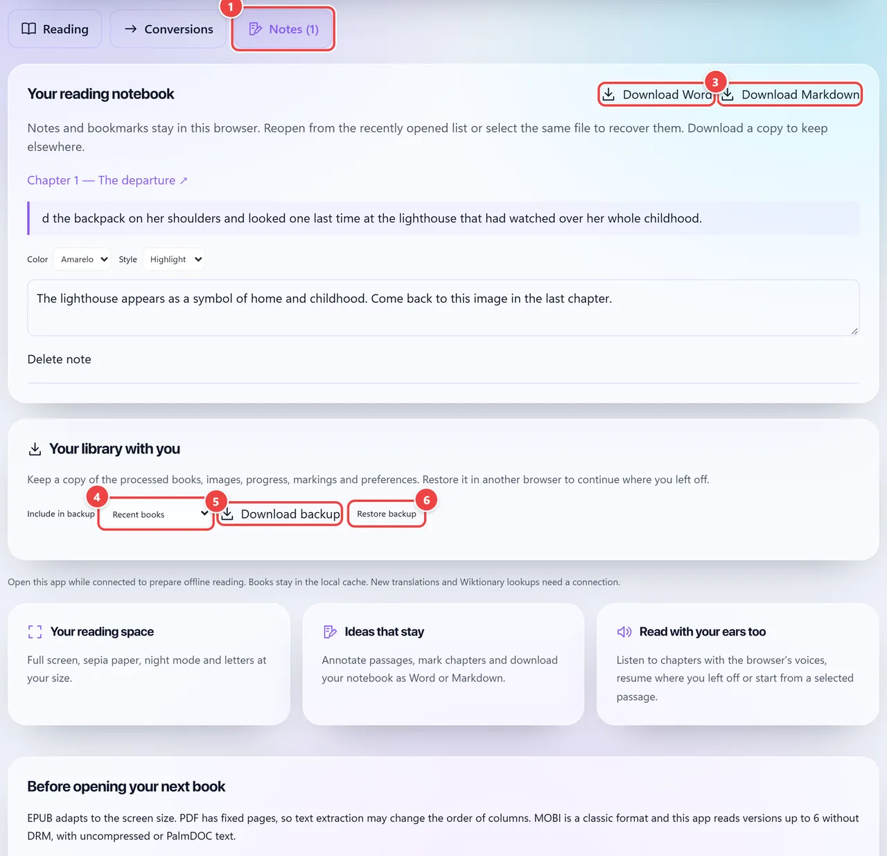 Notes tab of the reader with the reading notebook: the note saved with the book passage, the Download Word and Download Markdown buttons and the Your library with you area, with the content selector, Download backup and Restore backup.