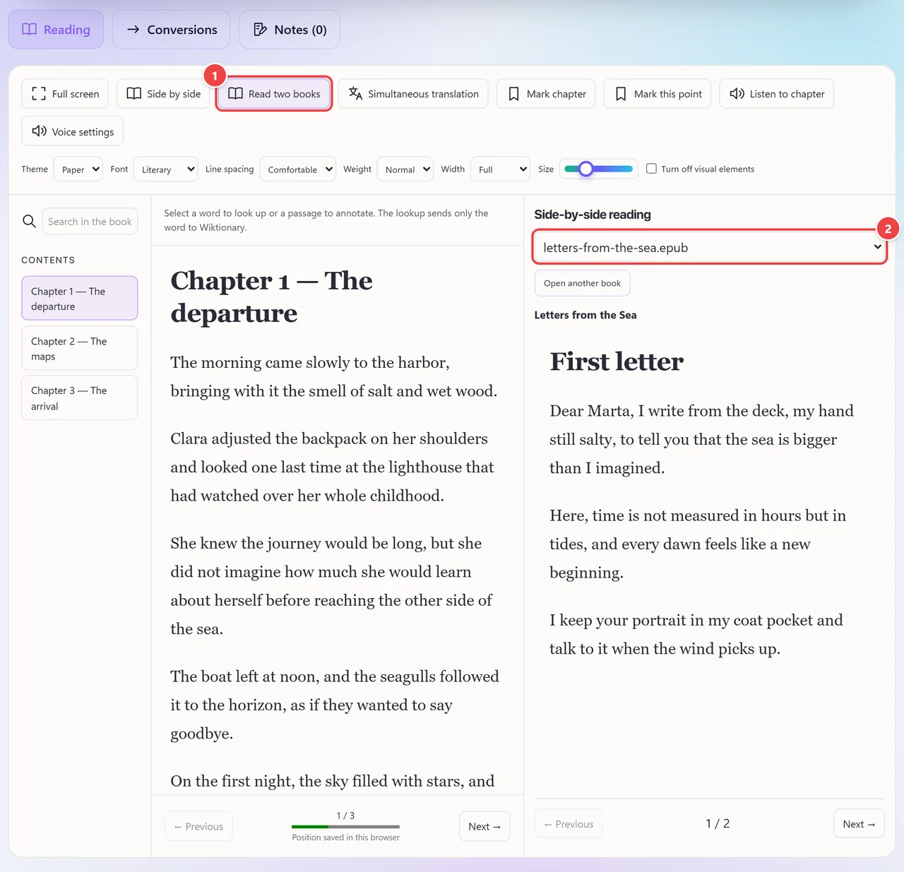 Reader with two books open at the same time: The Lighthouse Voyage on the left and the second book, Letters from the Sea, on the right, each with its own chapters and independent scrolling.